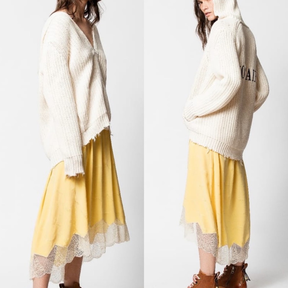 Zadig & Voltaire Cream Knit V-Neck Hoodie Sweater